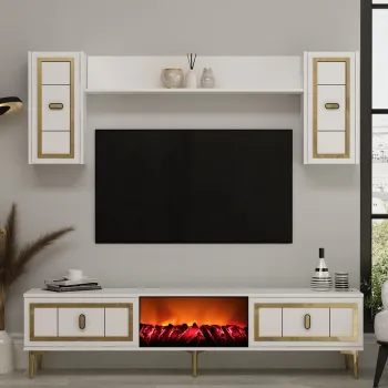 Comoda TV, Hanah Home, Orion Fireplace, 150x44.6x29.6 cm, PAL , Alb/Auriu imagine