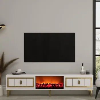 Comoda TV, Hanah Home, Orion Fireplace, 150x44.6x29.6 cm, PAL , Alb/Auriu imagine