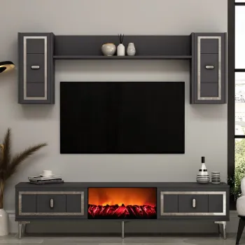 Comoda TV, Hanah Home, Orion Fireplace, 150x44.6x29.6 cm, PAL , Antracit / Argintiu imagine