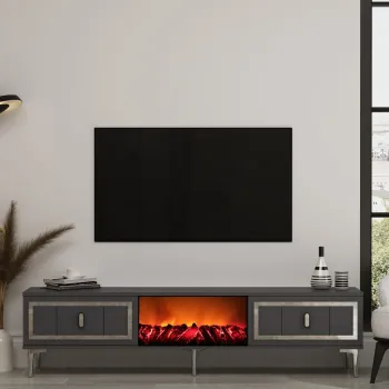 Comoda TV, Hanah Home, Orion Fireplace, 150x44.6x29.6 cm, PAL , Antracit / Argintiu imagine