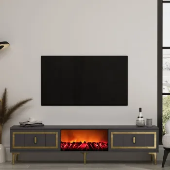 Comoda TV, Hanah Home, Orion Fireplace, 150x44.6x29.6 cm, PAL , Antracit / Aur imagine