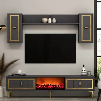Comoda TV, Hanah Home, Orion Fireplace, 150x44.6x29.6 cm, PAL , Antracit / Aur imagine