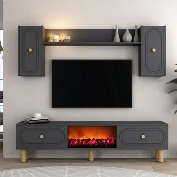 Comoda TV, Hanah Home, Polen Bohem Fireplace, 150x44.6x29.6 cm, PAL , Antracit imagine