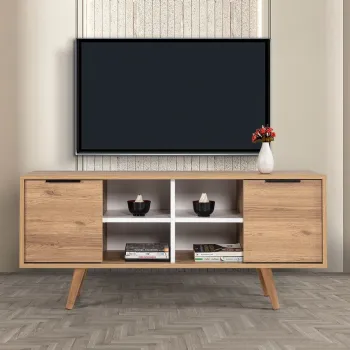 Comoda TV, Hanah Home, Sina 3321, 130x59x35 cm, PAL, Stejar Safir / Alb imagine