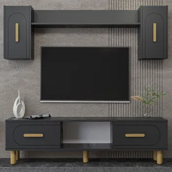 Comoda TV, Hanah Home, Yosun Bohem, 150x44.6x29.6 cm, PAL , Stejar antracit / safir imagine
