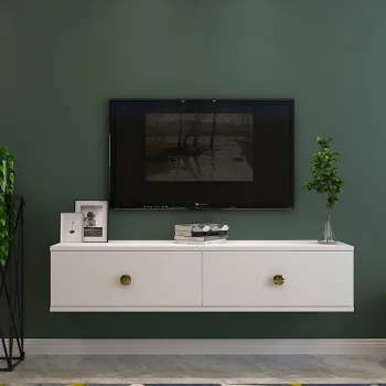 Comoda TV, Hanah Home, Zuzu 120, 120x25.8x29.6 cm, PAL , Alb/Auriu imagine