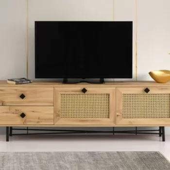 Comoda TV Hapsiyas, Kalune Design, 180x40x60 cm, natural/negru imagine