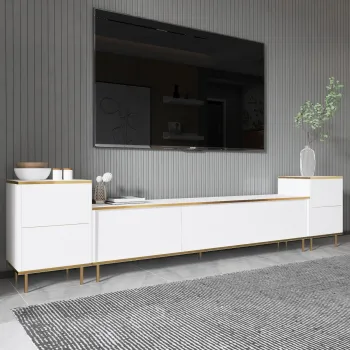 Comoda TV, Inarch, Imaj, 180x45 cm, PAL, Alb/Auriu imagine