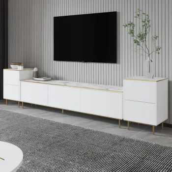 Comoda TV, Inarch, Imaj, 180x45 cm, PAL, Marmura alba/aur imagine