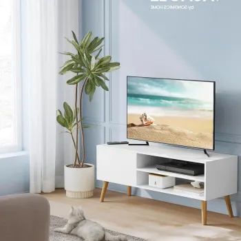 Comoda TV Modern, Vasagle, 120x40x49 cm, TV pana la 55 cm, PAL/picioare din lemn de cauciuc, alb imagine