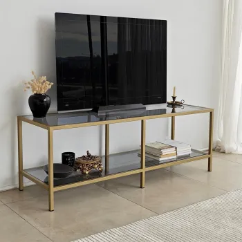 Comoda TV, Neostill, Basic, 130x45x40 cm, Sticla temperata, Gri inchis/Auriu imagine