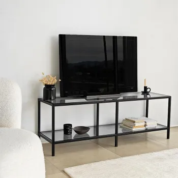 Comoda TV, Neostill, Basic, 130x45x40 cm, Sticla temperata, Gri inchis/negru imagine
