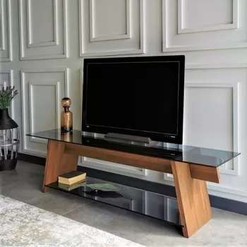 Comoda TV Neostill TV201, 158 x 40 x 45 cm, walnut/negru imagine