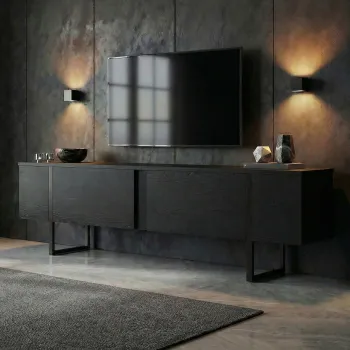 Comoda TV, Nordure, Onera, 180x50x30 cm, Negru lemn / Negru imagine