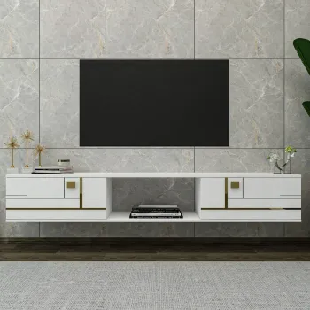 Comoda TV, Olivia, Aredam, Alb/Auriu imagine