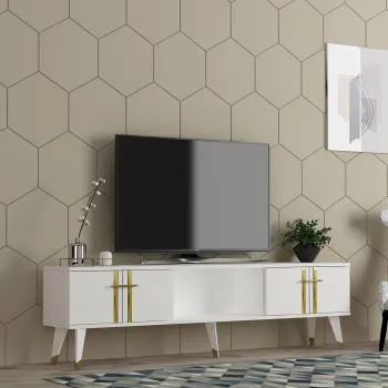 Comoda TV, Olivia, Asel, 150x44.6x29.6 cm, PAL , Alb/Auriu imagine