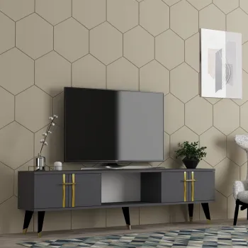 Comoda TV, Olivia, Asel, 150x44.6x29.6 cm, PAL , Antracit / Aur imagine