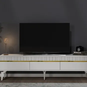 Comoda TV, Olivia, Defne, Alb/Auriu imagine