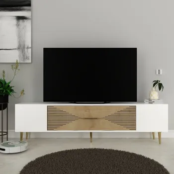 Comoda TV, Olivia, Dekol1, Stejar Safir / Alb / Auriu imagine
