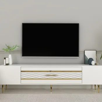 Comoda TV, Olivia, Dekolp2, Alb/Auriu imagine