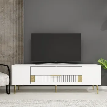 Comoda TV, Olivia, Dekolp4, Alb/Auriu imagine
