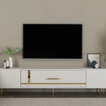 Comoda TV, Olivia, Dekop1, Alb/Auriu imagine