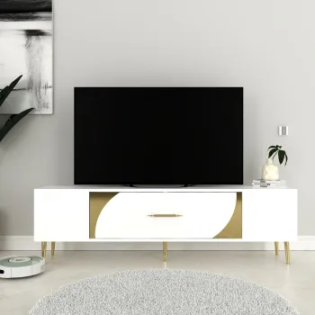 Comoda TV, Olivia, Dekop2, Alb/Auriu imagine