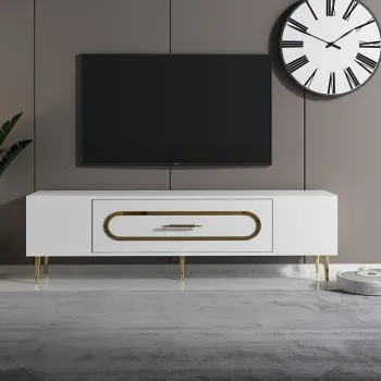 Comoda TV, Olivia, Dekop3, Alb/Auriu imagine