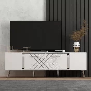 Comoda TV, Olivia, Detas, 150 x 48.2 x 35 cm, pal melaminat, alb/argintiu imagine