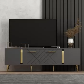 Comoda TV, Olivia, Detas, 150 x 48.2 x 35 cm, pal melaminat, antracit/auriu imagine