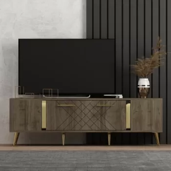 Comoda TV, Olivia, Detas, 150 x 48.2 x 35 cm, pal melaminat, nuc/auriu imagine