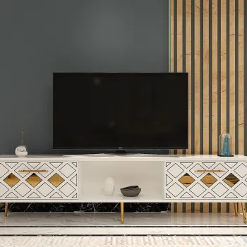 Comoda TV, Olivia, Dome, Alb/Auriu imagine