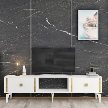 Comoda TV, Olivia, Doruk, Alb/Auriu imagine