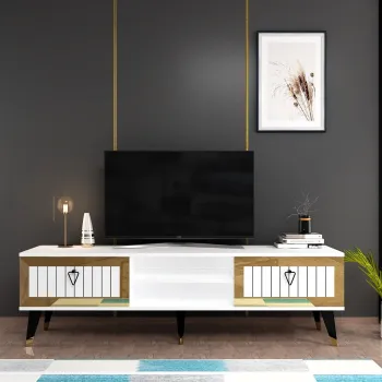 Comoda TV, Olivia, Lidya, Alb/Auriu imagine