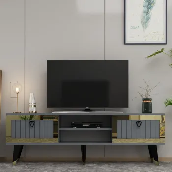 Comoda TV, Olivia, Lidya, Antracit / Aur imagine