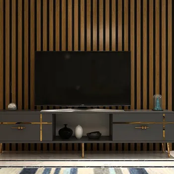 Comoda TV, Olivia, Line, Antracit / Aur imagine
