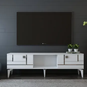 Comoda TV, Olivia, Madera, Alb / Argintiu imagine