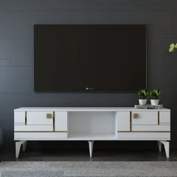 Comoda TV, Olivia, Madera, Alb/Auriu imagine