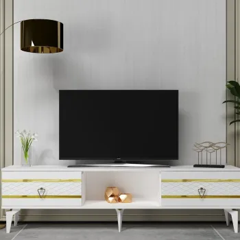 Comoda TV, Olivia, Pelin, Alb/Auriu imagine