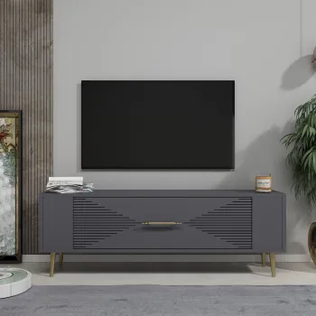 Comoda TV, Olivia, Retrol1, Antracit / Aur imagine