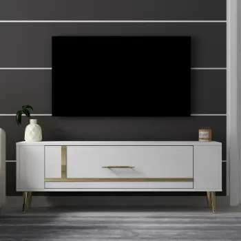 Comoda TV, Olivia, Retrop1, Alb/Auriu imagine