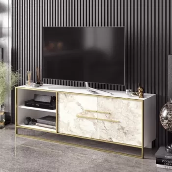 Comoda TV Polka, Zena Home, 160x38.5x56.6 cm, auriu/alb imagine