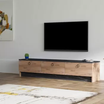 Comoda TV, Puqa Design, Pega, 160x35x35 cm, PAL, Negru / Safir imagine