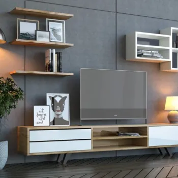 Comoda TV, Rabi, Rb-065, 180x45x40 cm, PAL, Alb / Stejar imagine