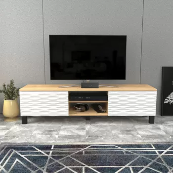 Comoda TV, Retricy, Lukas, 150x35x40.3 cm, PAL, Safir / Alb imagine