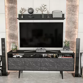 Comoda TV, Retricy, Ola, 160x35x64.5 cm, PAL, Negru imagine