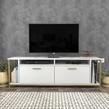 Comoda TV, Retricy, Omar, 160x35x50.8 cm, PAL, Aur alb imagine