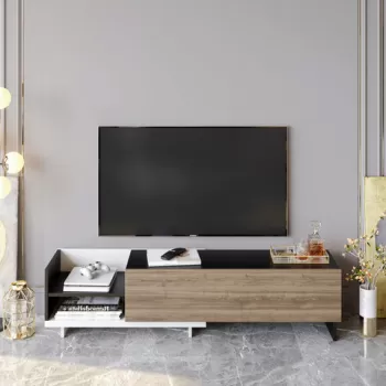 Comoda TV, Retricy, Parion, 165x35x41 cm, PAL, Alb / Negru / Nuc imagine