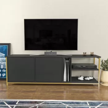 Comoda TV, Retricy, Primrose, 160x35.3x50.8 cm, PAL, Antracit / Aur imagine