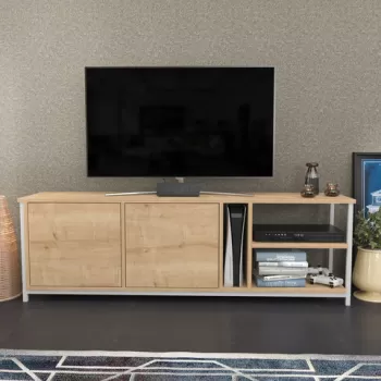 Comoda TV, Retricy, Primrose, 160x35.3x50.8 cm, PAL, Stejar alb imagine